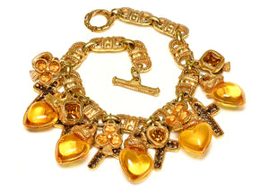 Vintage Kalinger Paris Brown Crystal Cross Heart Charm Necklace