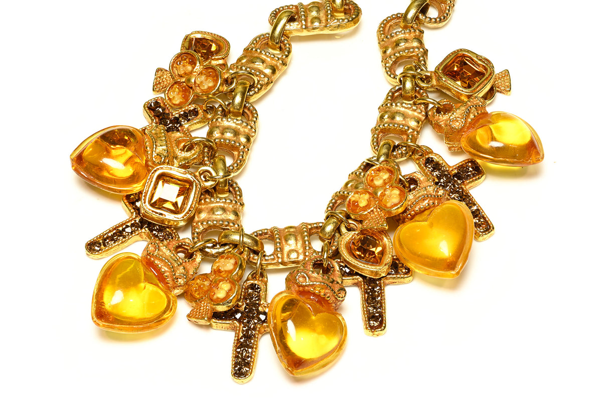 Vintage Kalinger Paris Brown Crystal Cross Heart Charm Necklace 1