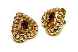 Vintage Kalinger Paris Gold Plated Red Crystal Heart Earrings
