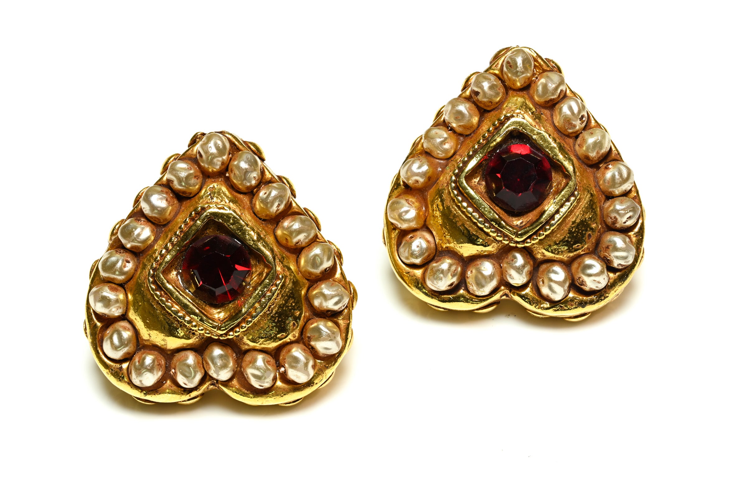 Vintage Kalinger Paris Gold Plated Red Crystal Heart Earrings 1