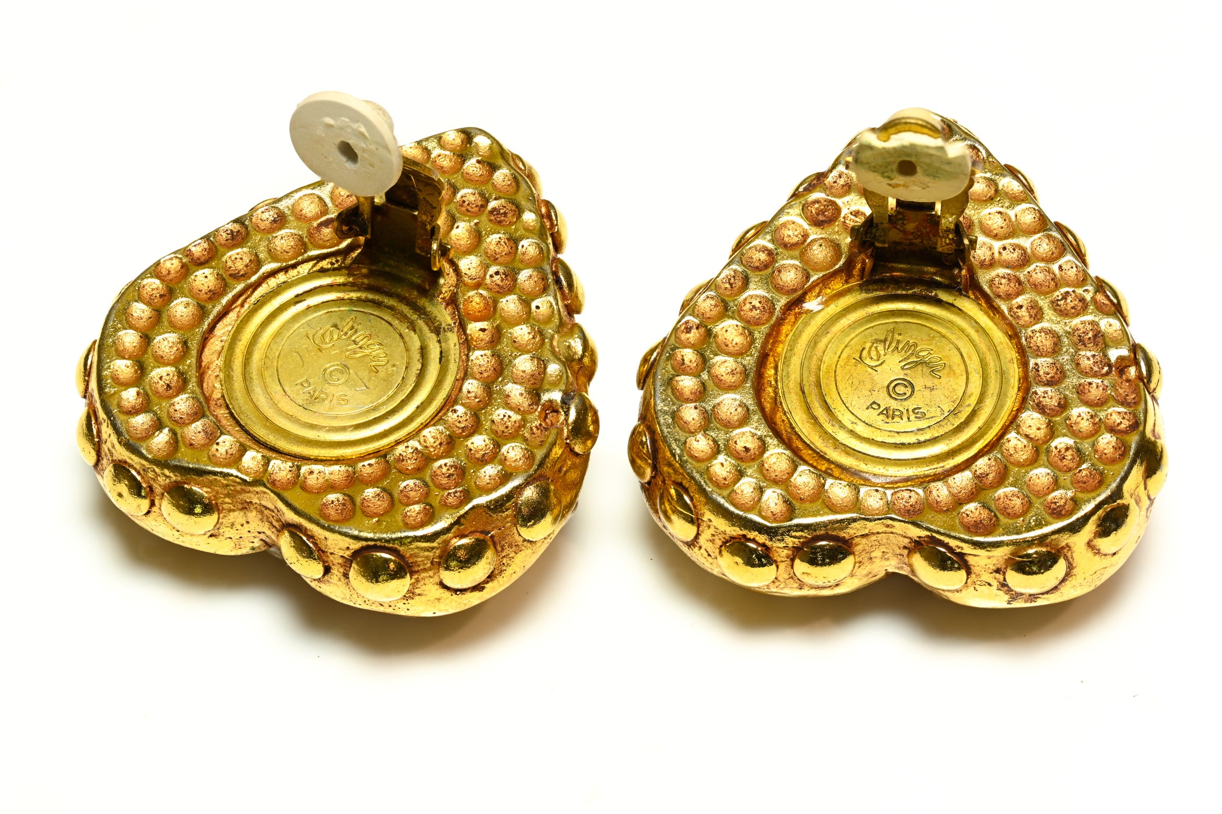 Vintage Kalinger Paris Gold Plated Red Crystal Heart Earrings 2