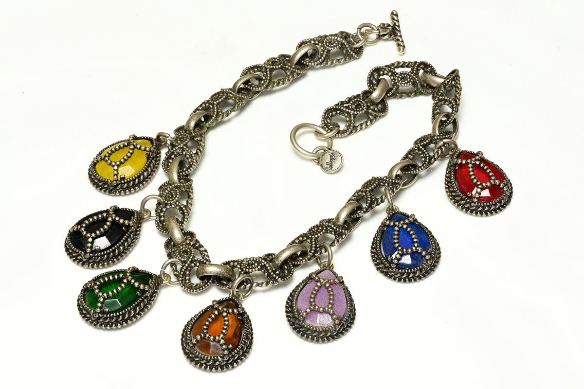 Vintage Kalinger Paris Red Yellow Blue Crystal Chain Charm Necklace 1