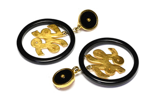 Vintage Karl Lagerfeld Black Gold Plated Logo Hoop Earrings