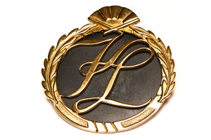 Vintage Karl Lagerfeld Black Gold Plated Logo Pendant Brooch