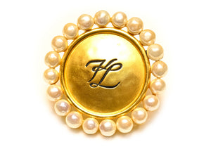 Vintage Karl Lagerfeld Large Gold Plated Logo Pearl Brooch