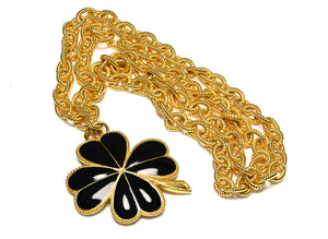 Vintage Karl Lagerfeld Paris Black Enamel Clover Pendant Necklace