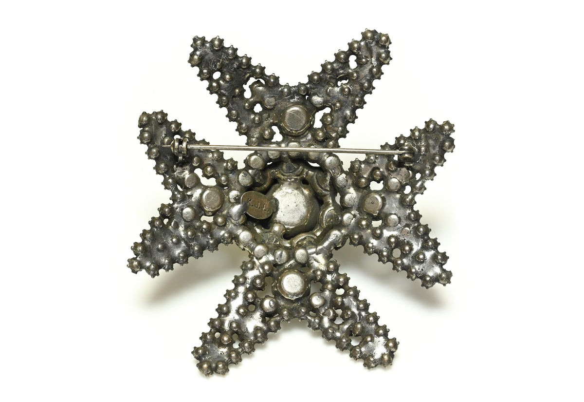 Vintage Kenneth Jay Lane Black Crystal Pearl Maltese Cross Brooch 2