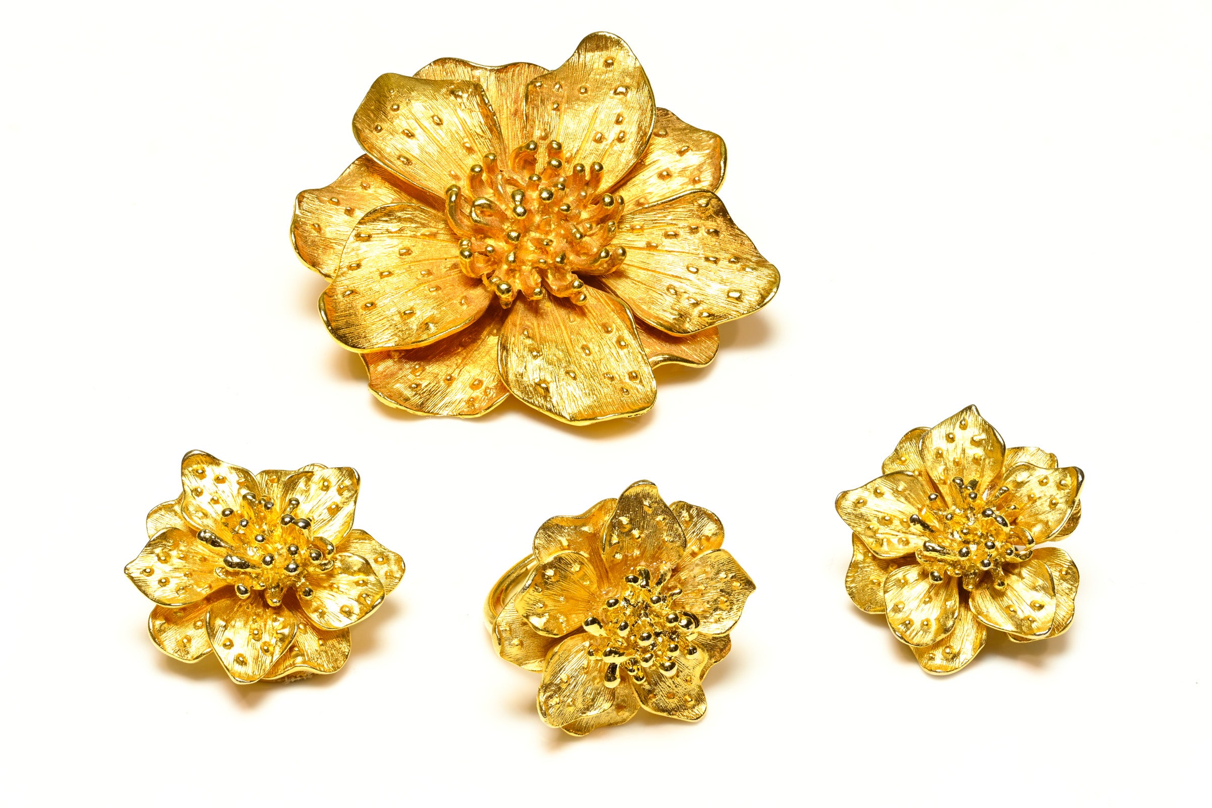 Vintage Kenneth Jay Lane Flower Necklace Brooch Earrings Ring Parure Set 2