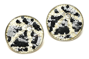 Vintage Lesage Paris Couture Black White Sequin Large Earrings