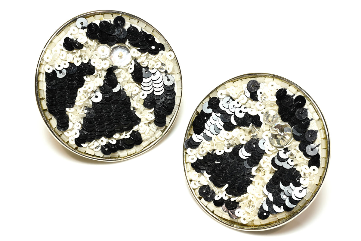 Vintage Lesage Paris Couture Black White Sequin Large Earrings 1