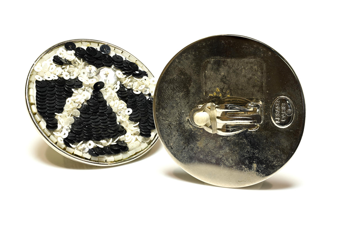 Vintage Lesage Paris Couture Black White Sequin Large Earrings 2