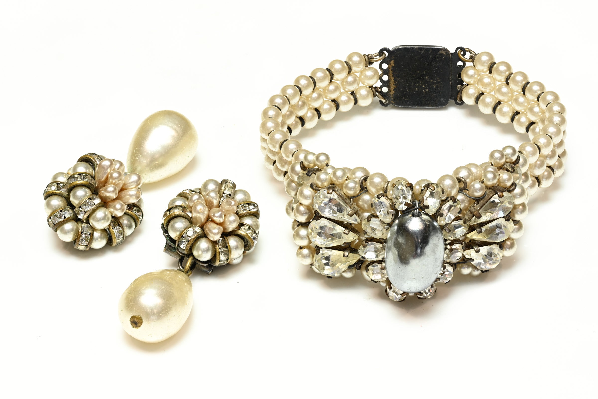 Vintage Louis Rousselet Paris 1950's Pearl Necklace Bracelet Earrings Set 2