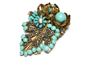 Vintage Miriam Haskell Turquoise Glass Beads Filigree Flower Brooch