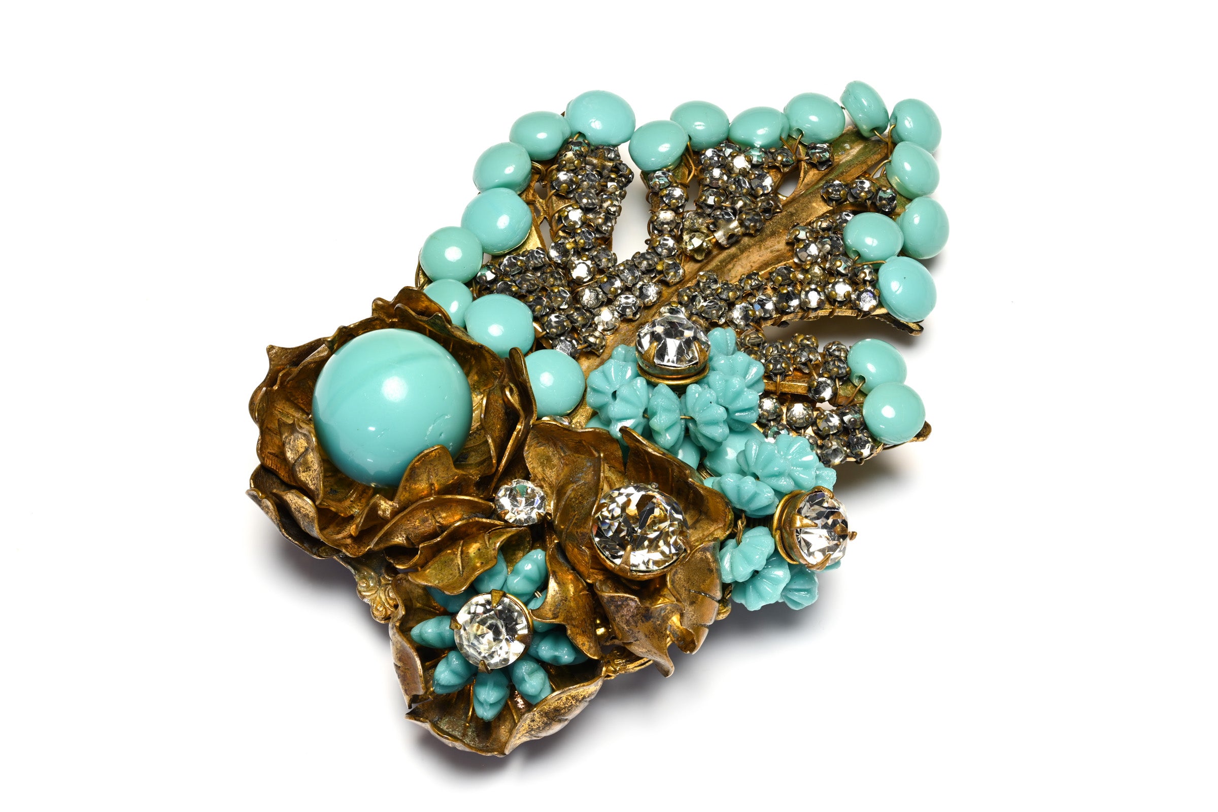 Vintage Miriam Haskell Turquoise Glass Beads Filigree Flower Brooch