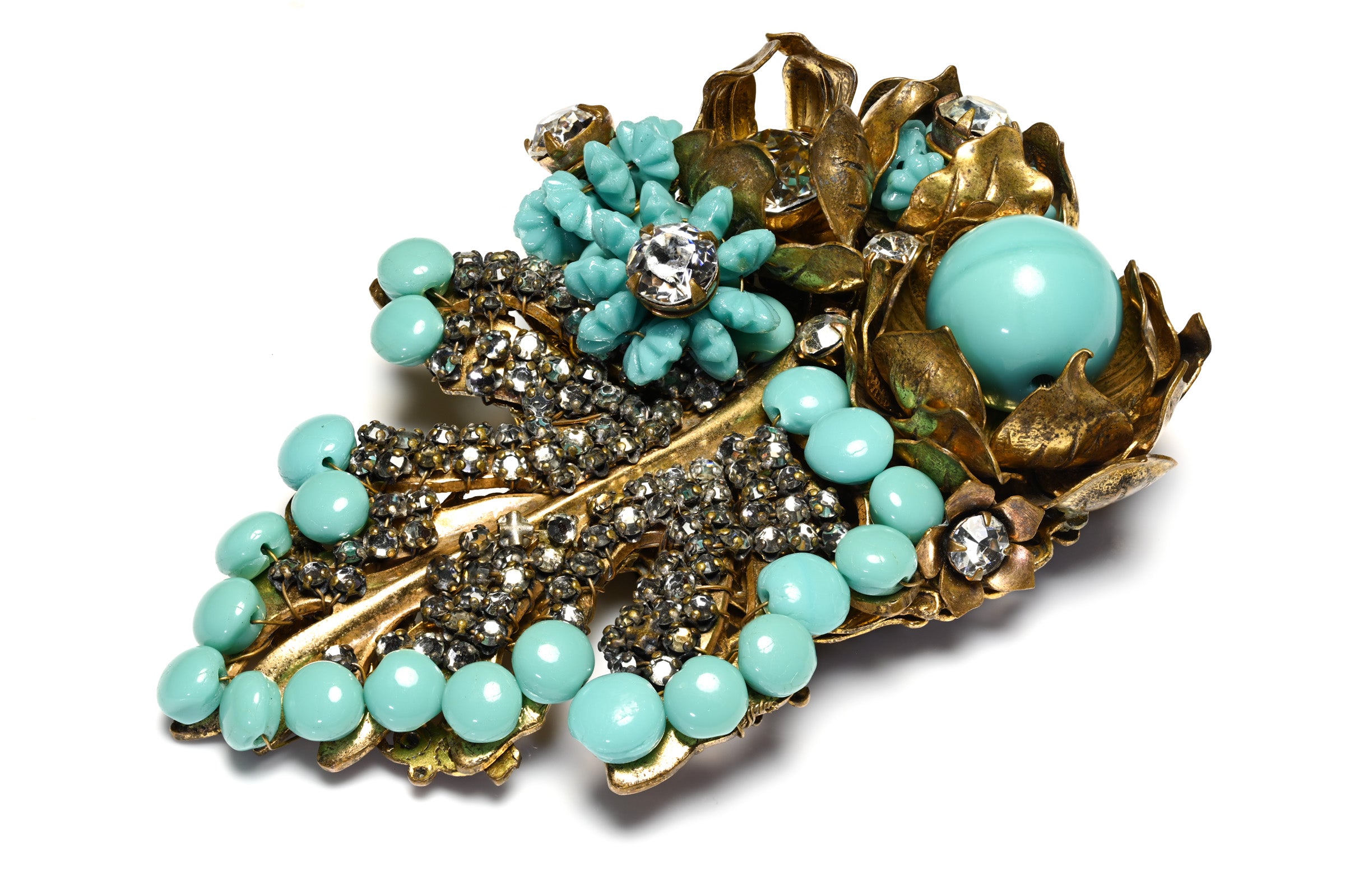 Vintage Miriam Haskell Turquoise Glass Beads Filigree Flower Brooch