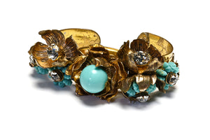 Vintage Miriam Haskell Turquoise Glass Beads Flower Cuff Bracelet