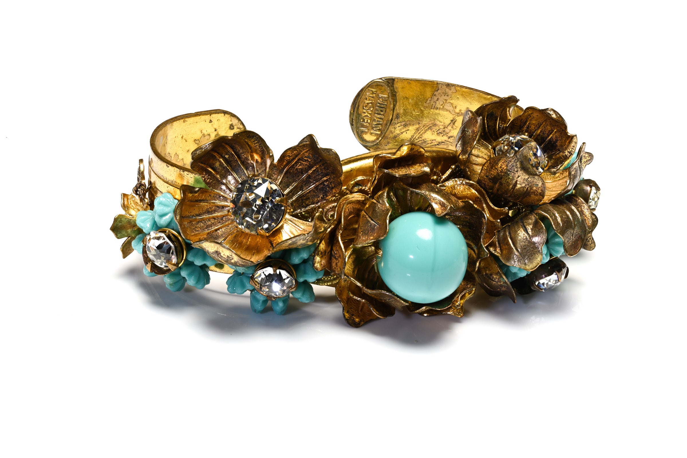 Vintage Miriam Haskell Turquoise Glass Beads Flower Cuff Bracelet 1