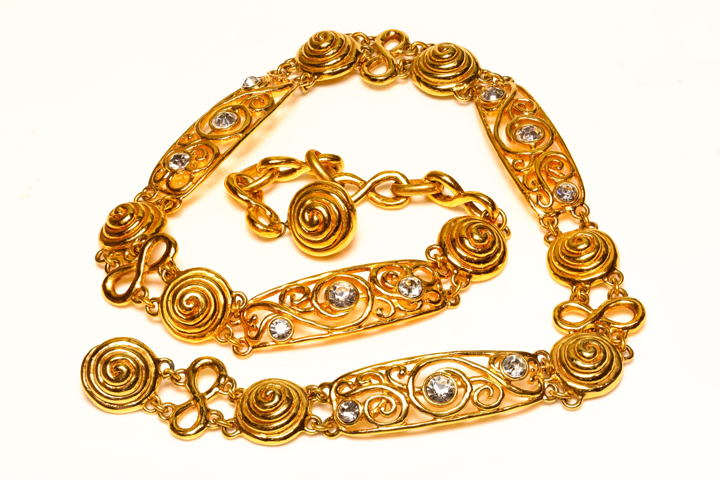 Vintage Nina Ricci Paris Gold Plated Crystal Swirl Chain Belt