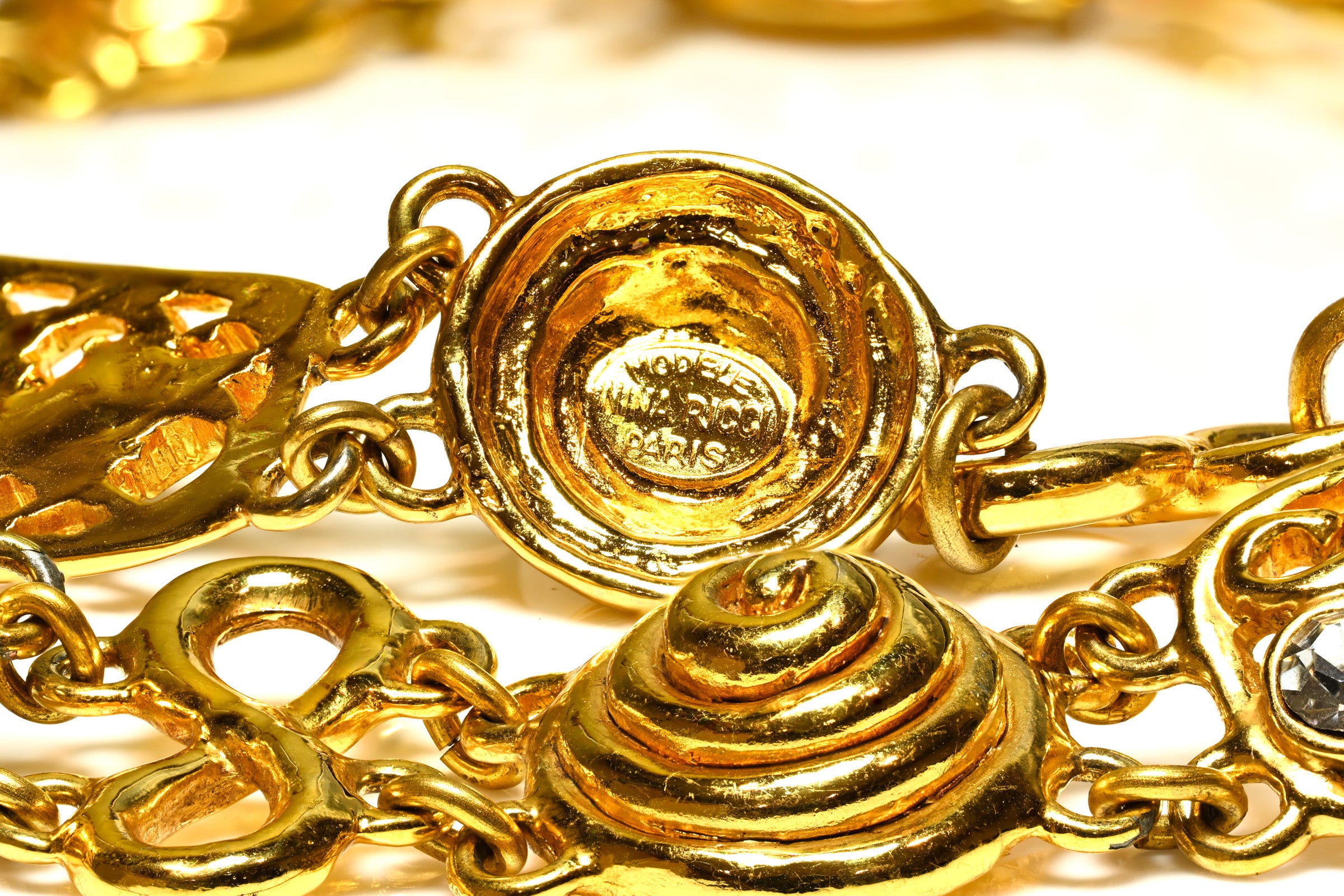 Vintage Nina Ricci Paris Gold Plated Crystal Swirl Chain Belt 1