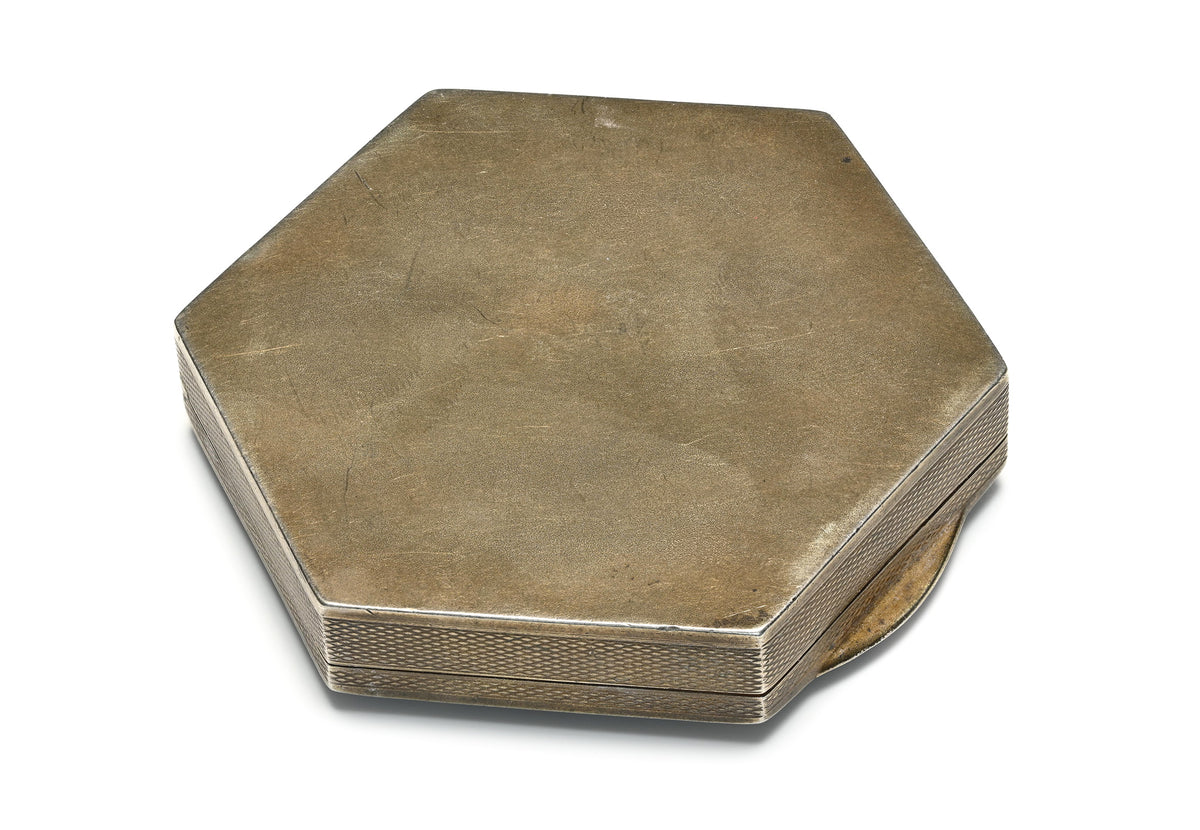 Vintage Silver Hexagonal Powder Compact with Mirror and Enamel 