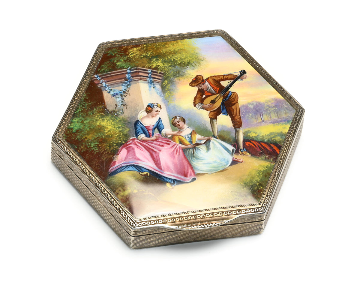 Vintage Enamel Silver Hexagonal Powder Compact with Mirror