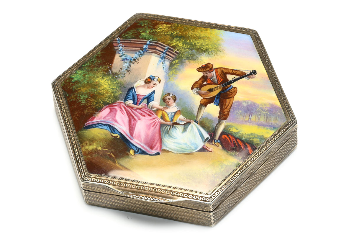 Vintage Painted Enamel and Silver Hexagonal Powder Compact with Mirror