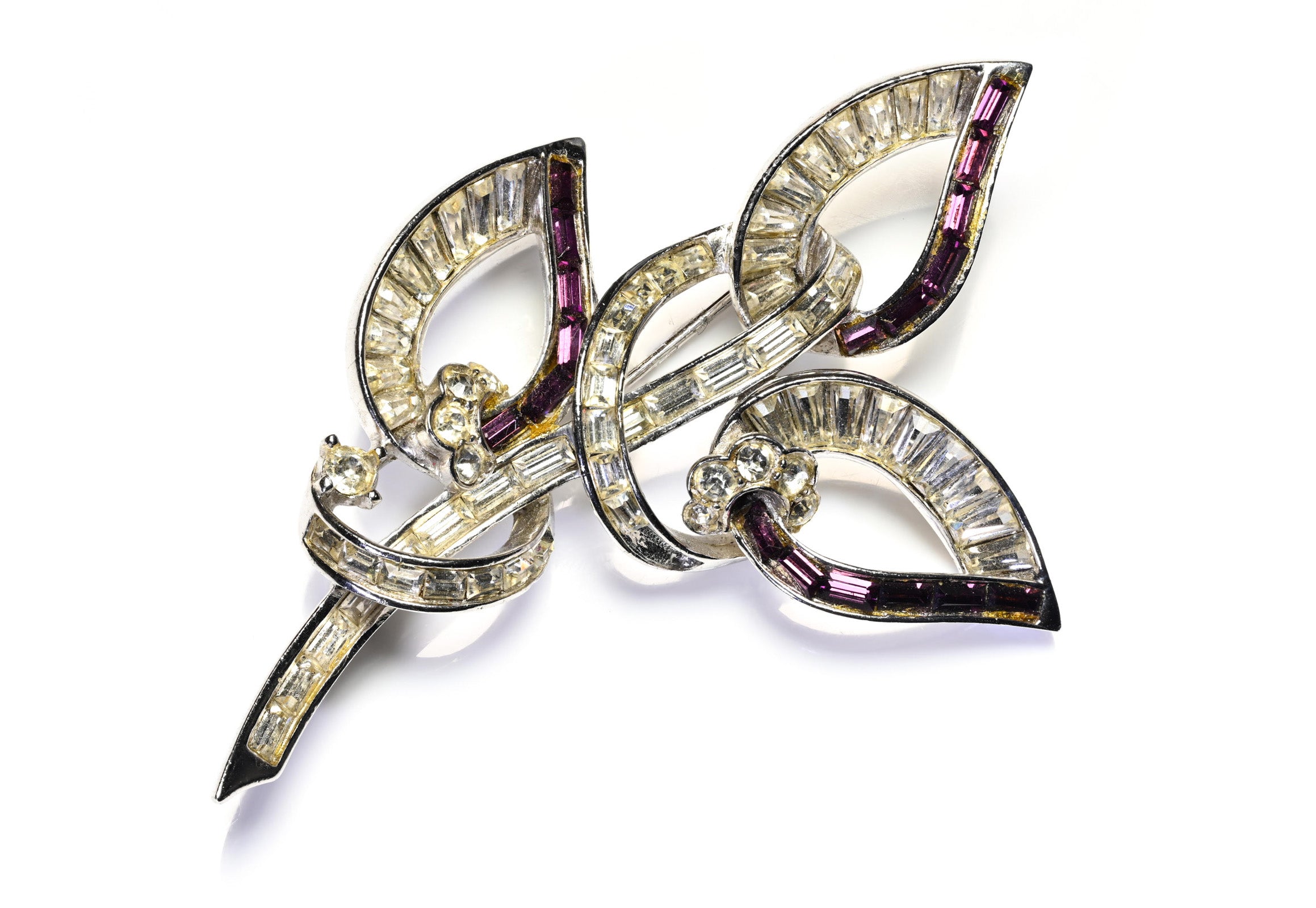Vintage Pennino Rhodium Plated Purple Crystal Flower Brooch