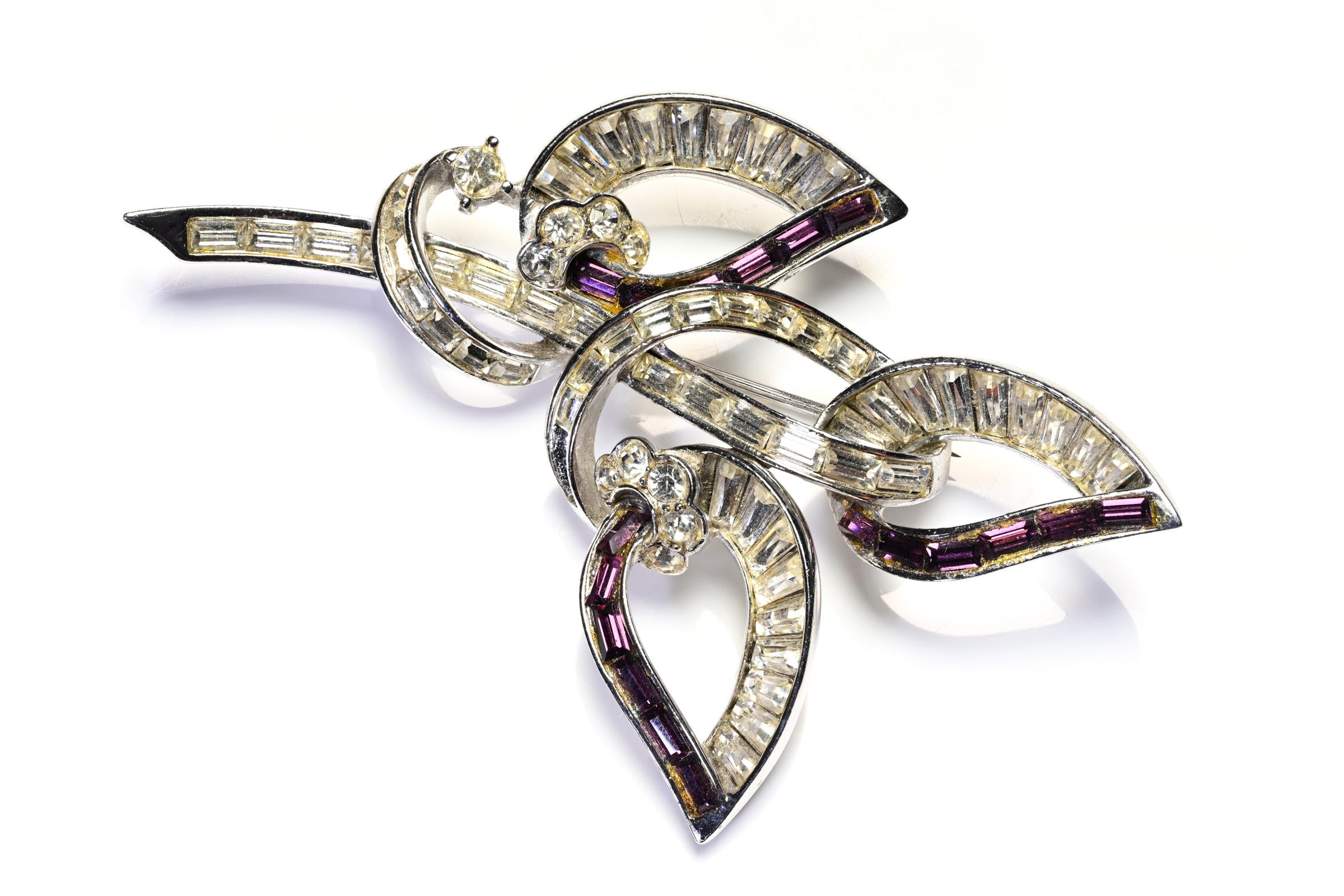 Vintage Pennino Rhodium Plated Purple Crystal Flower Brooch 1