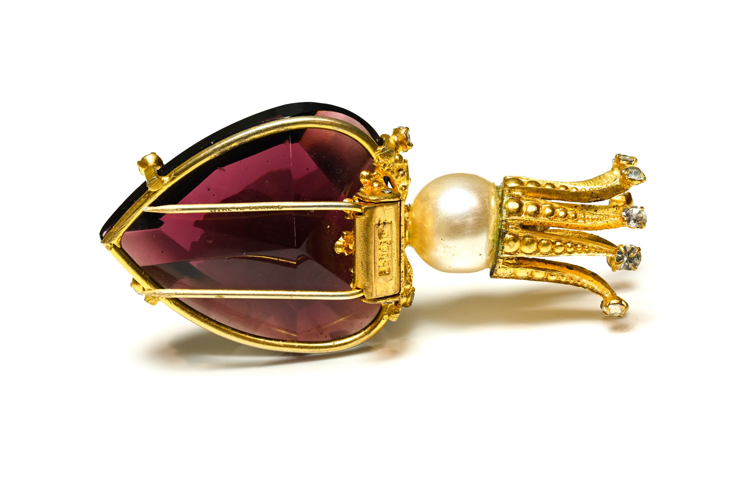 Vintage Roger Jean-Pierre Purple Queen of Hearts Crystal Pearl Brooch 2