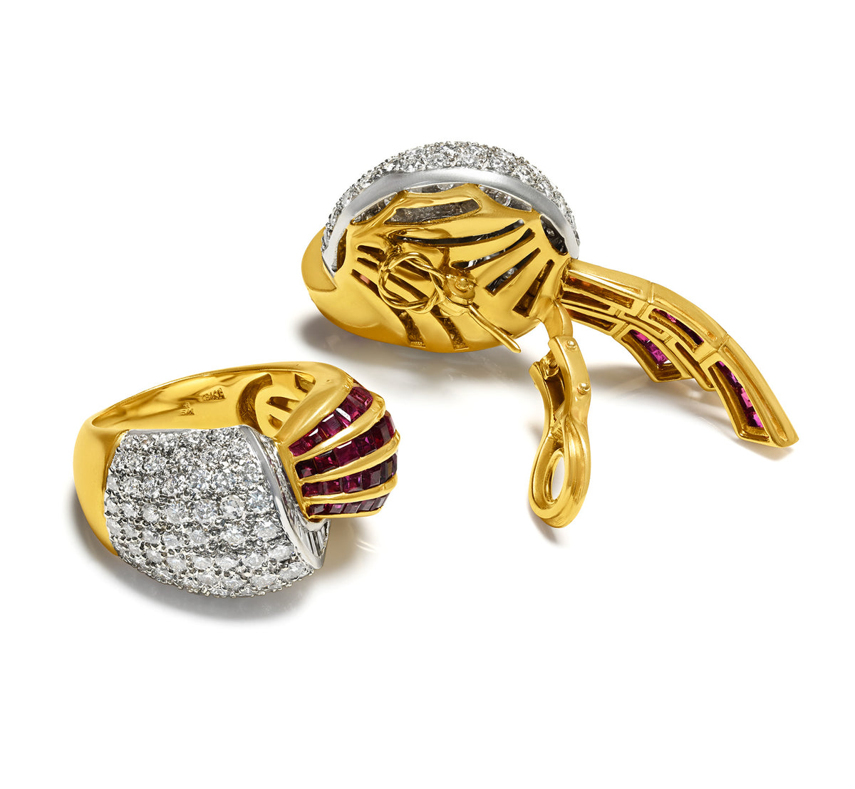 Vintage Ruby and Diamond 18K Yellow Gold Ring and Earrings Suite