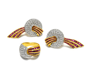 Vintage Ruby and Diamond 18K Yellow Gold Ring and Earrings Suite