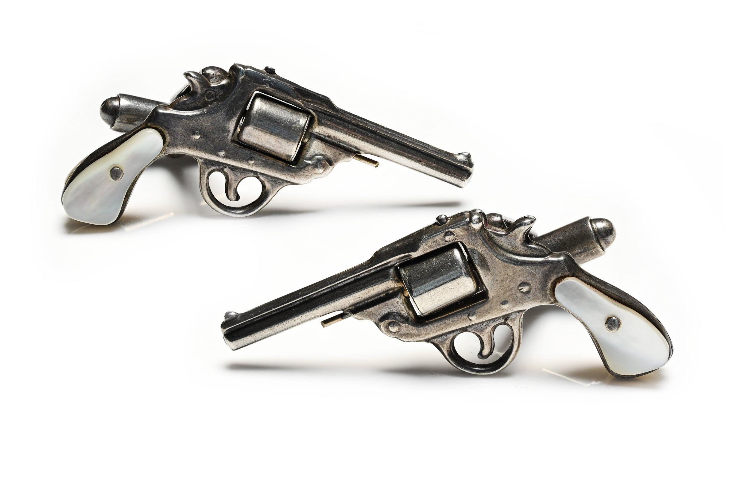 Silver Mother-of-Pearl Revolver Cufflinks Pistol 