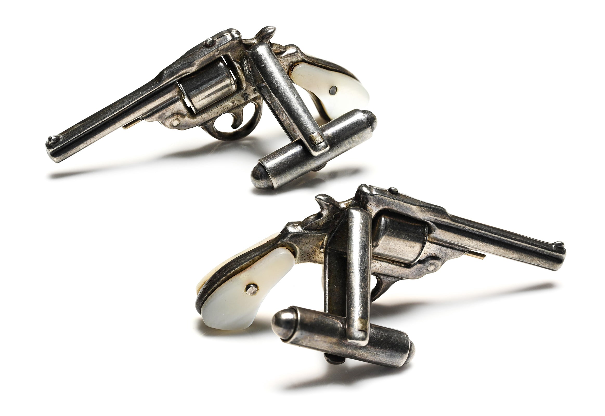 Vintage Silver Mother-of-Pearl Revolver Cufflinks Novelty