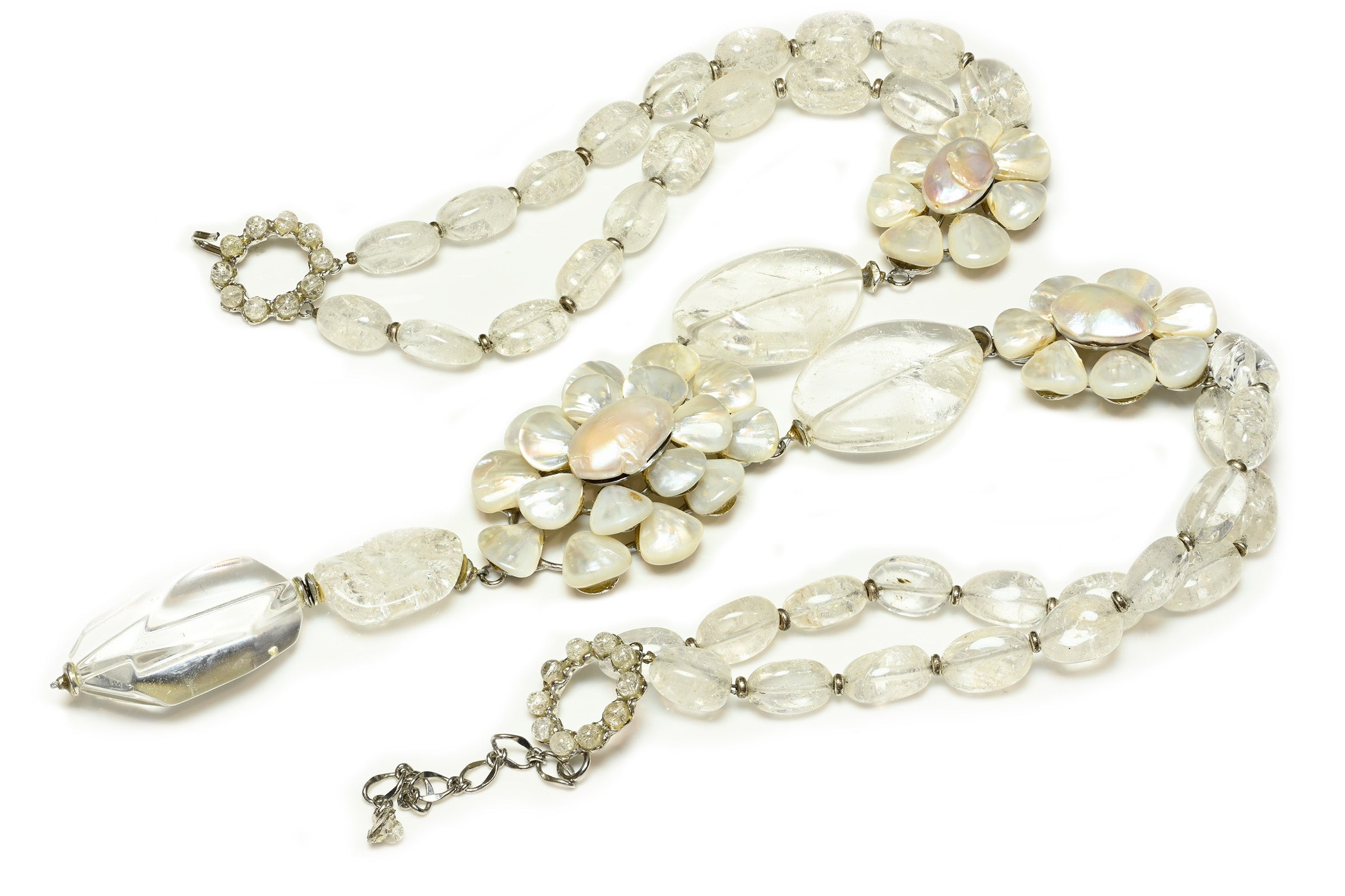 Vintage Siman Tu Pearl Rock Crystal Flower Pendant Necklace