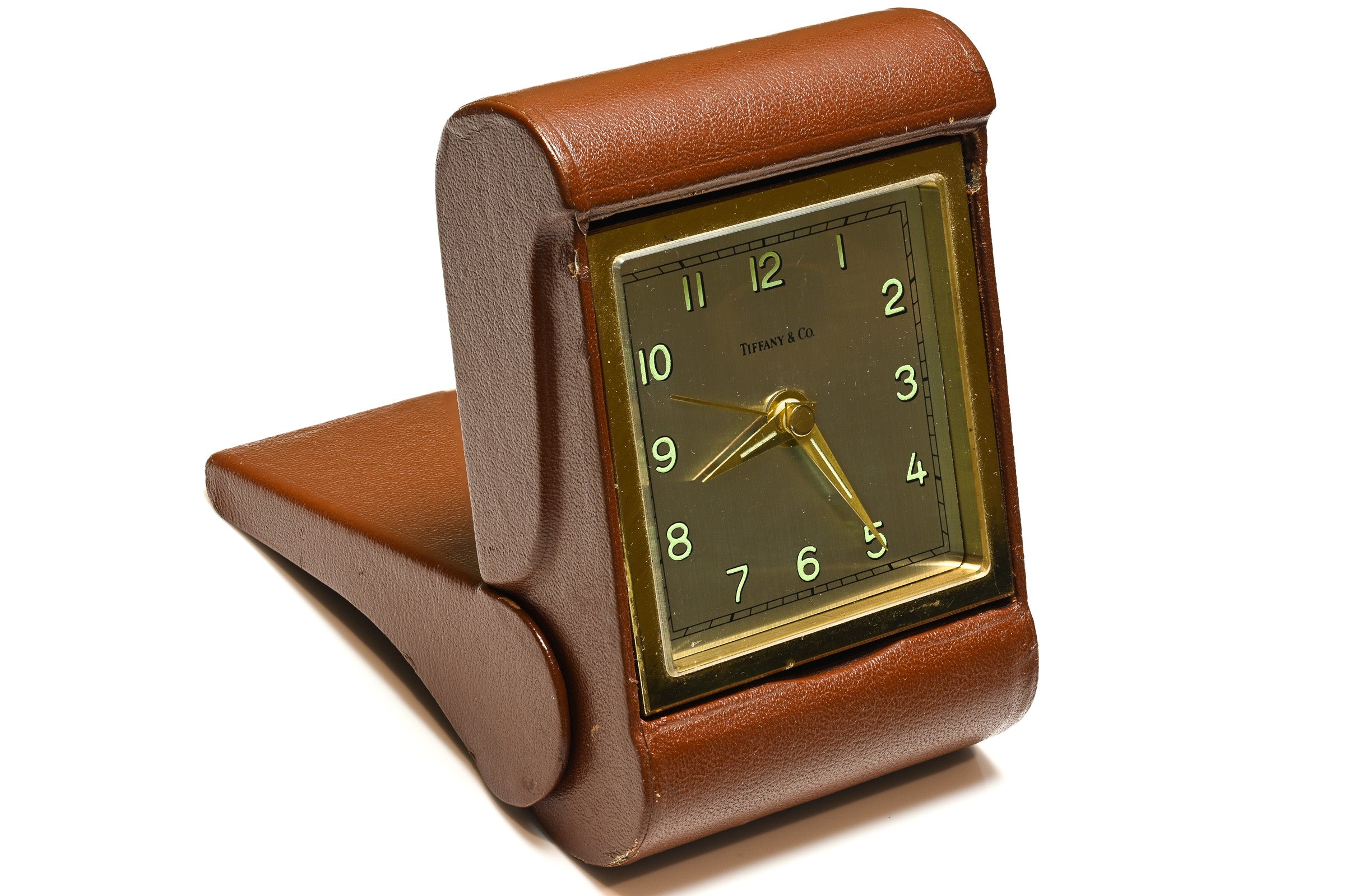 Vintage Tiffany & Co. Brown Leather Travel Desk Clock