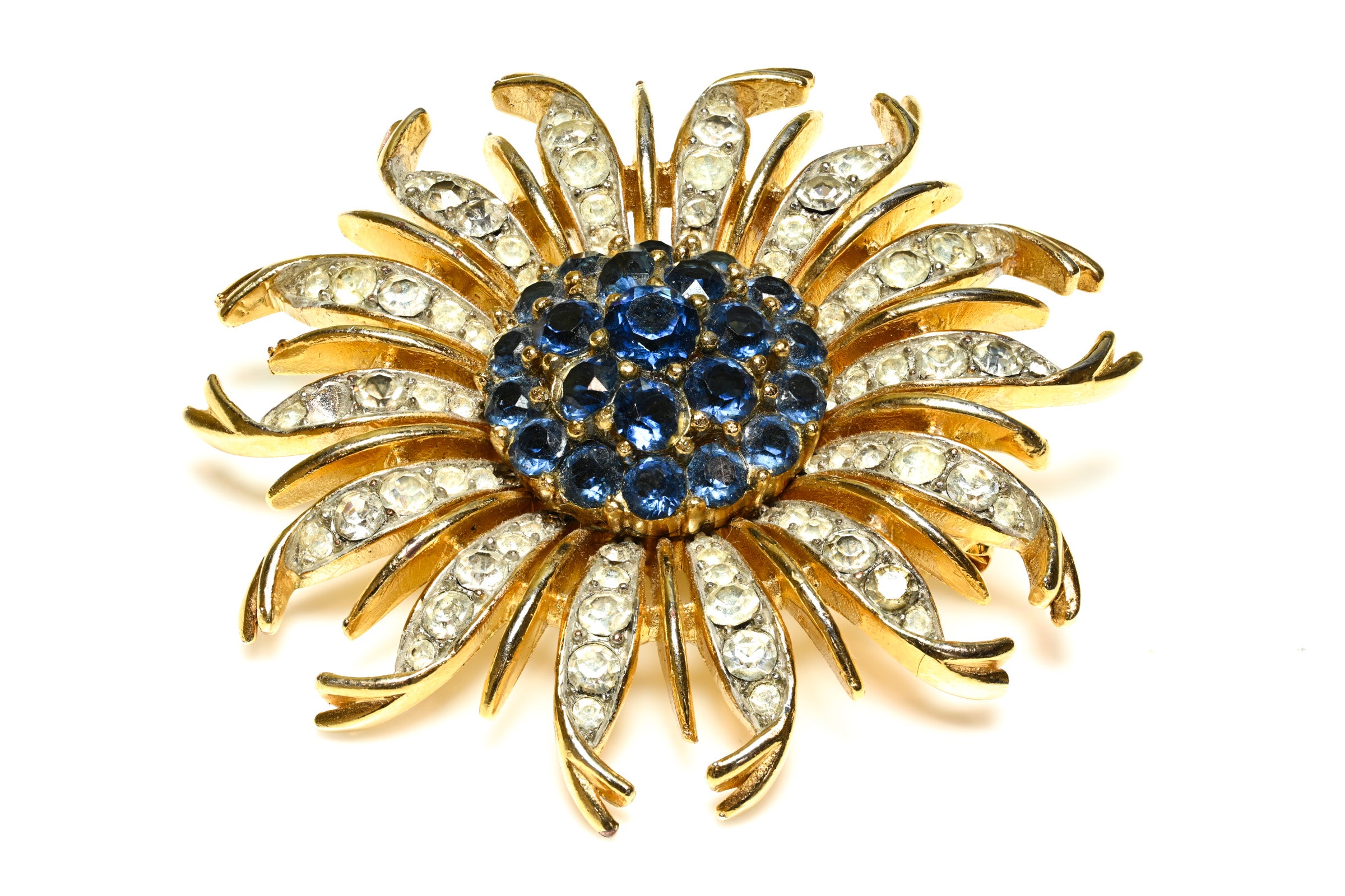 Vintage Trifari Alfred Philippe Blue Crystal Crysanthemum Flower Brooch 1