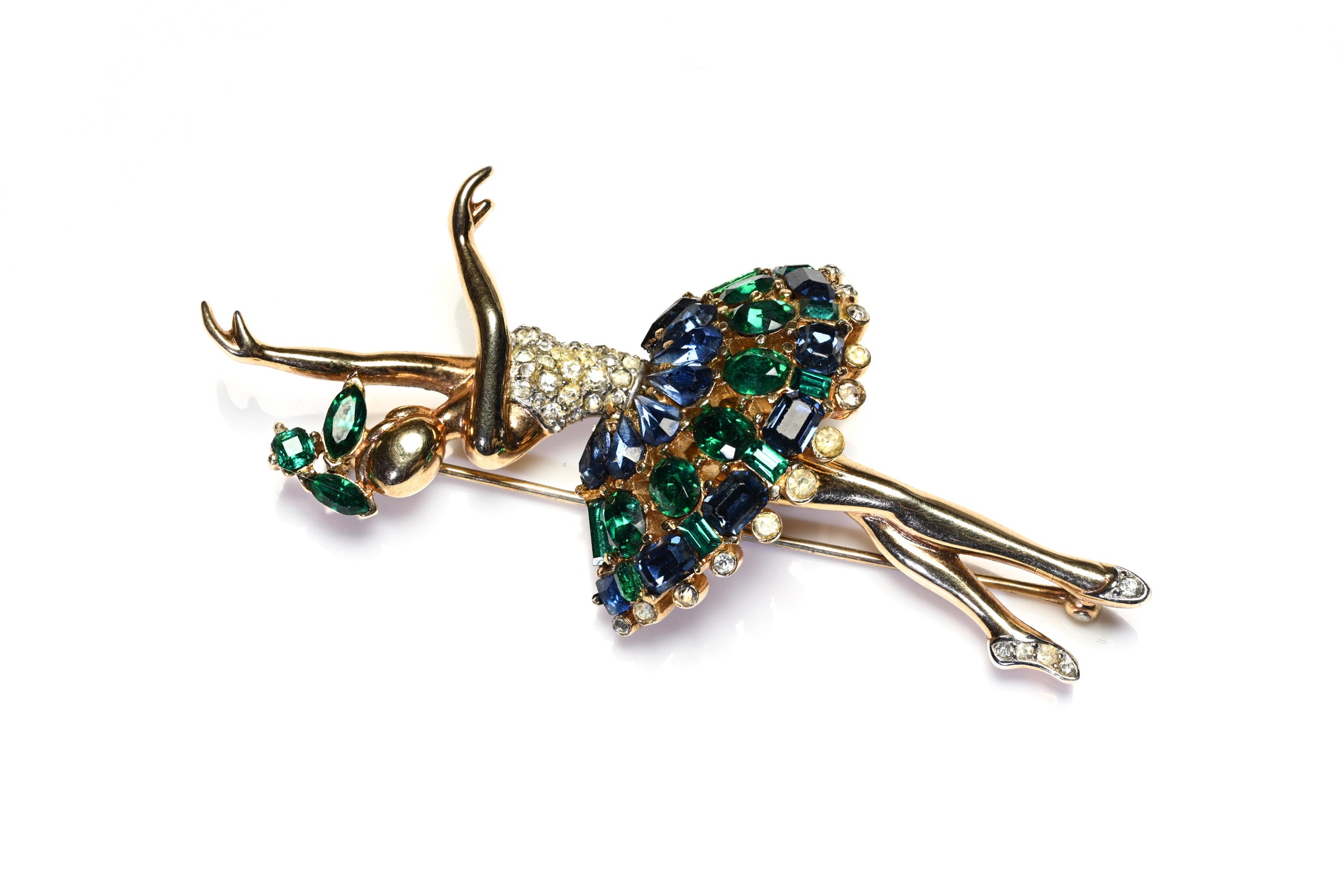Vintage Trifari Symphony Green Blue Crystal Ballerina Brooch 2