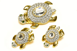 Vintage Valentino Garavani Crystal Turtle Earrings Brooch Set