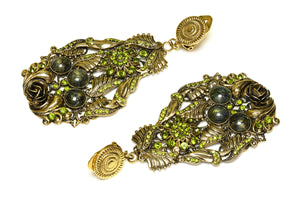 Vintage Venezia Green Crystal Filigree Flower Long Earrings