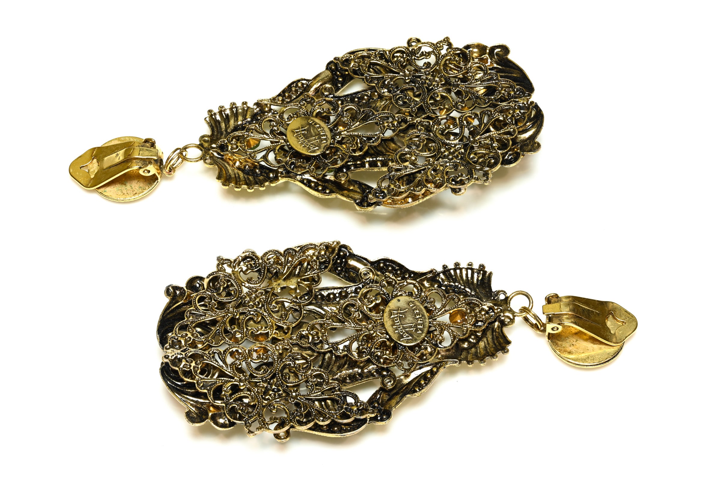 Vintage Venezia Green Crystal Filigree Flower Long Earrings 2