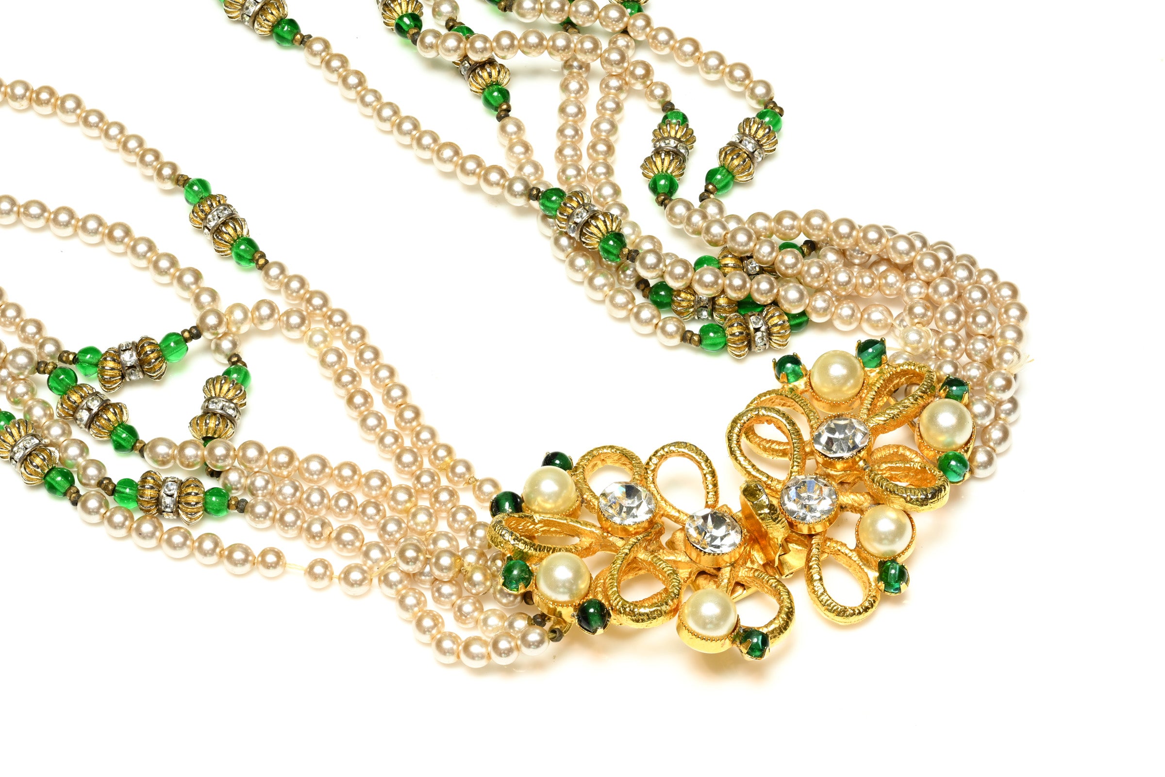 Vintage William DeLillo Couture Green Glass Beads Pearl Necklace 1