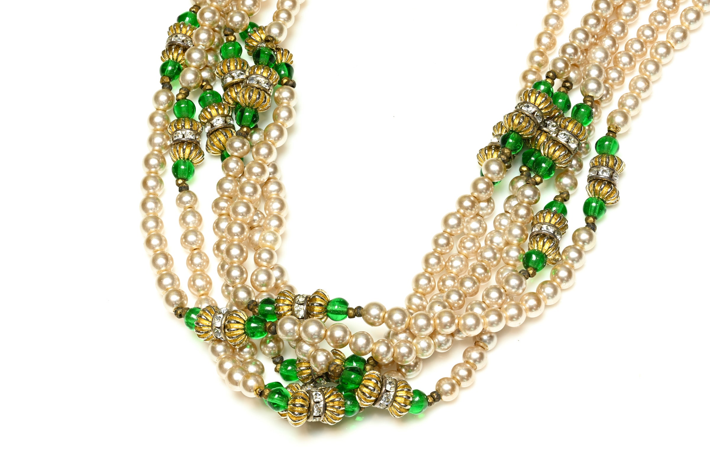 Vintage William DeLillo Couture Green Glass Beads Pearl Necklace 2