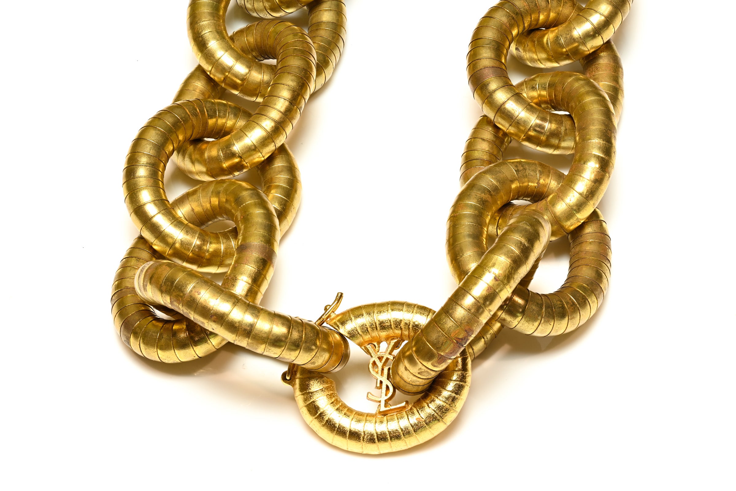 Vintage Yves Saint Laurent Gold Plated Logo Large Link Necklace 1