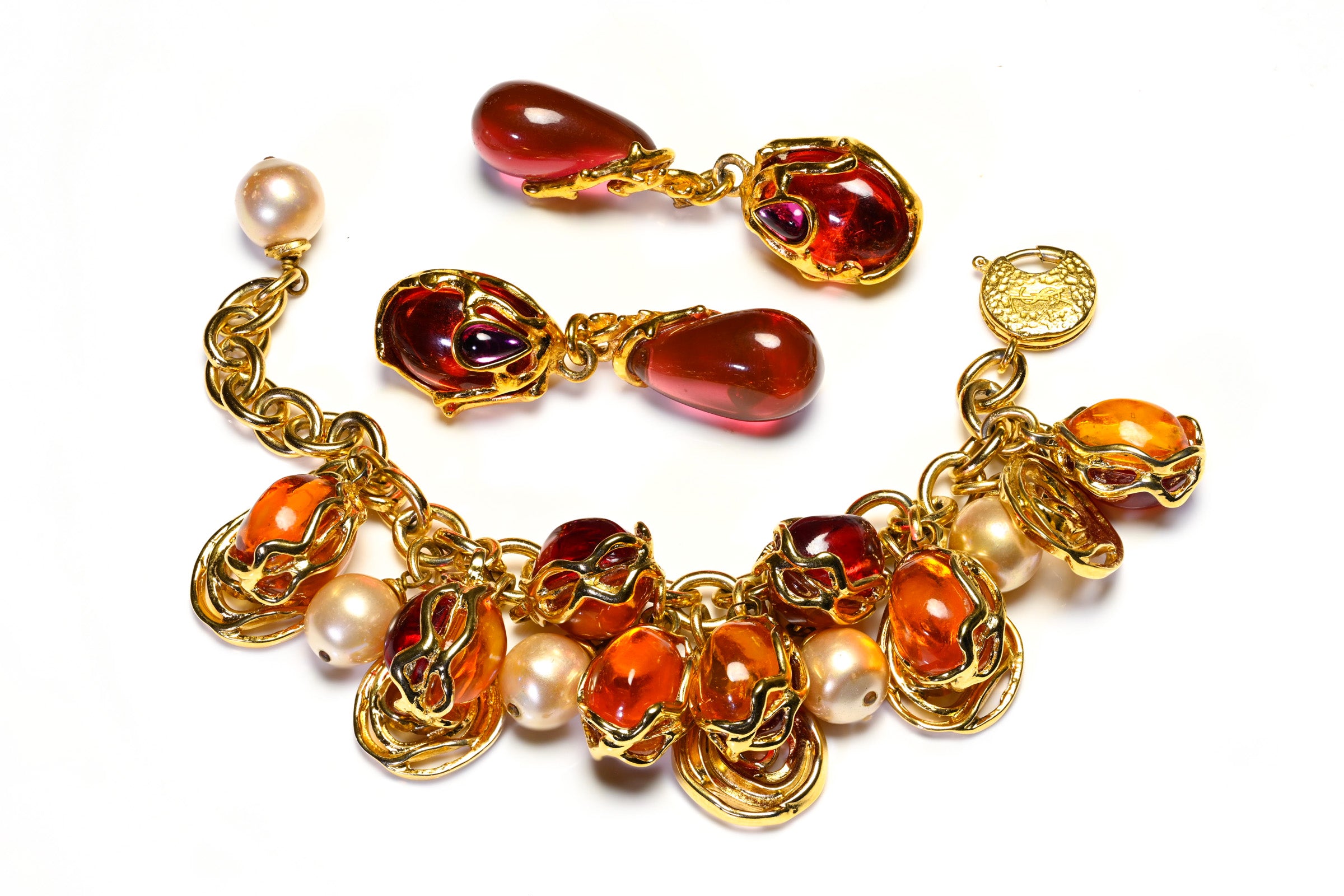 Vintage Yves Saint Laurent Goossens Orange Pink Resin Drops Pearl Set