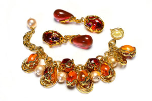 Vintage Yves Saint Laurent Goossens Orange Pink Resin Drops Pearl Set