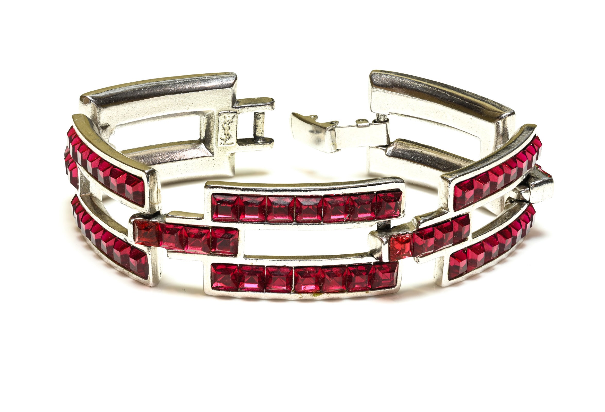 Vintage Yves Saint Laurent Red Crystal Link Chain Bracelet
