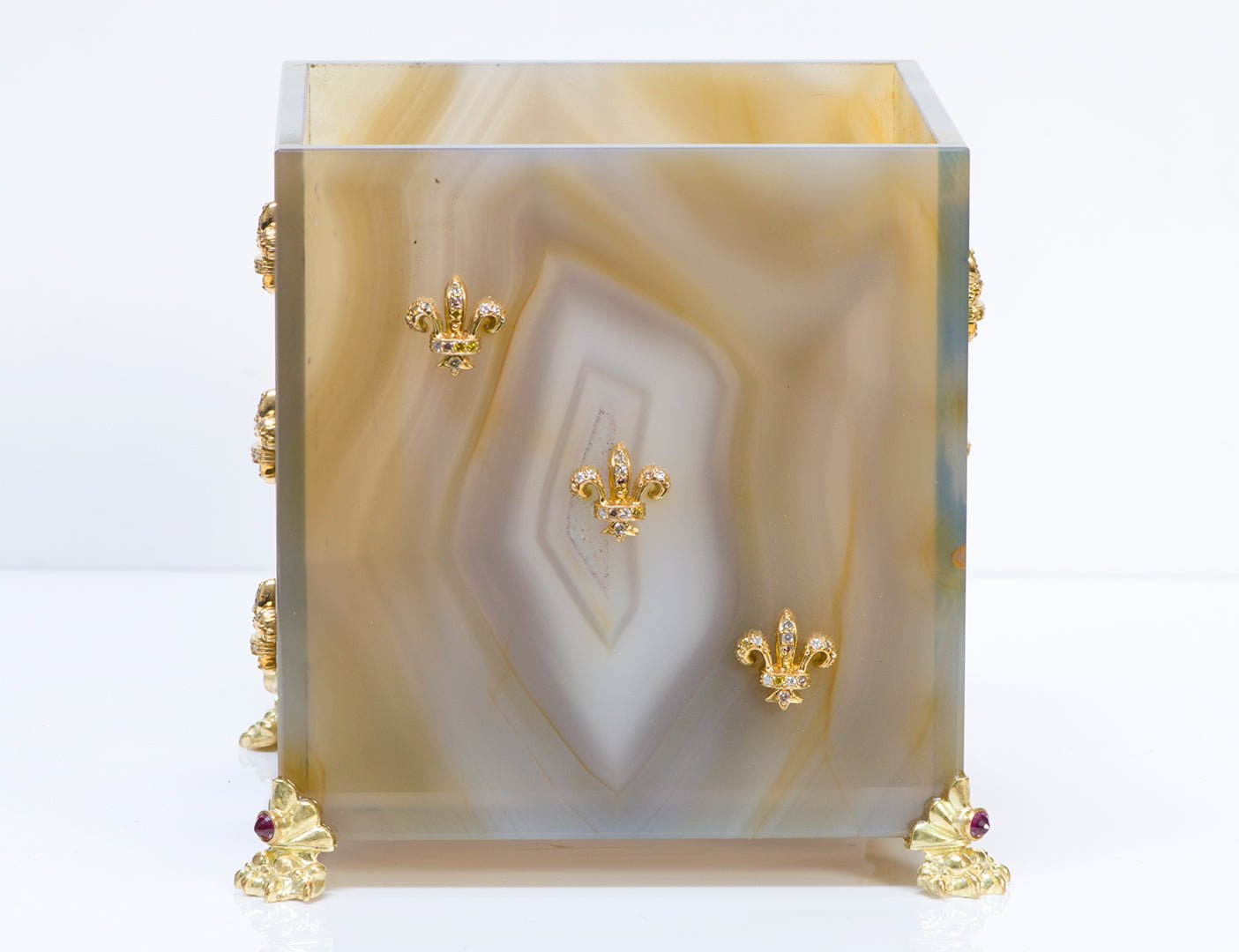 Agate 18K Gold Fleur-de-Lis Diamond Cube Box - DSF Antique Jewelry