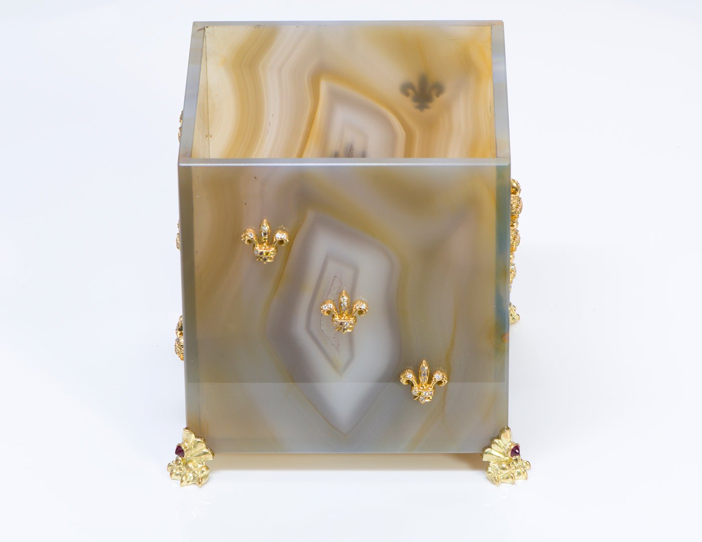 Agate 18K Gold Fleur-de-Lis Diamond Cube Box - DSF Antique Jewelry
