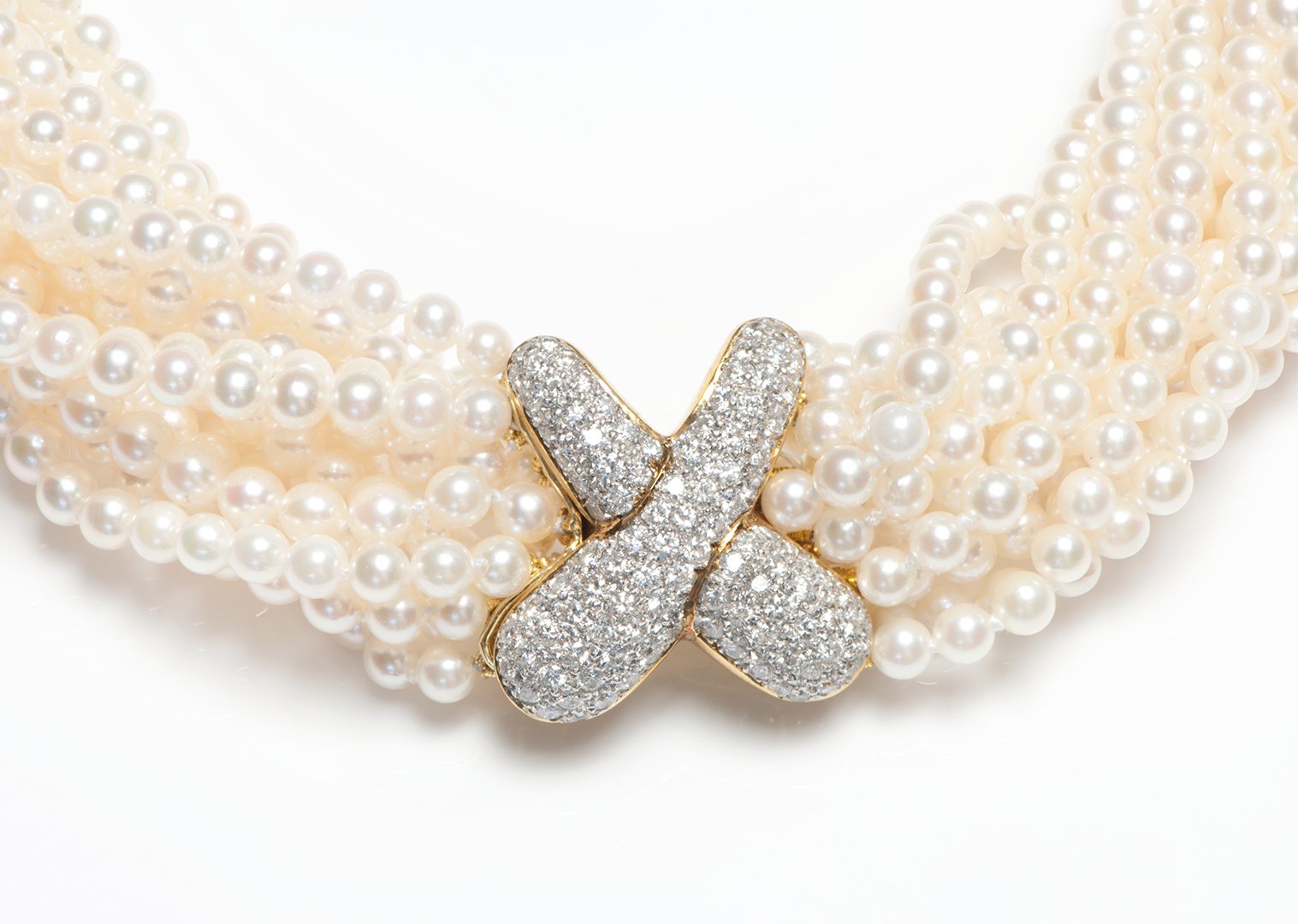 Akoya Pearl 18K Gold Diamond Multi Strand Twist Necklace