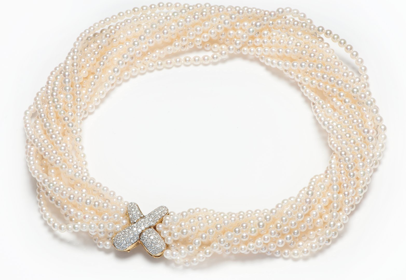 Akoya Pearl 18K Gold Diamond Multi Strand Twist Necklace - DSF Antique Jewelry
